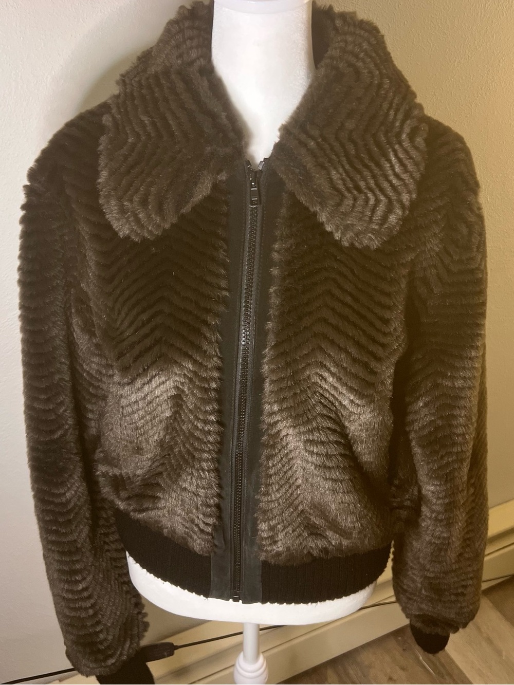 Express Brown Faux Fur Chevron Zip Bomber Jacket